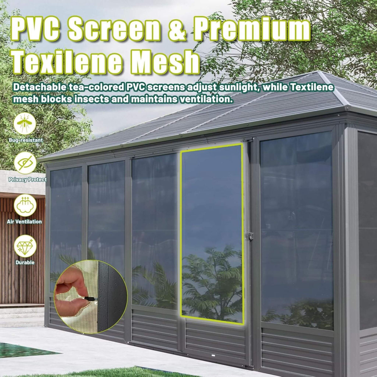 [11X14FT] Meridian Premium Four Season Outdoor Aluminum Hardtop Gazebo Sunroom With Galvanized Steel Roof, Sliding Doors And Movable PVC Screen Walls (SAK88776)