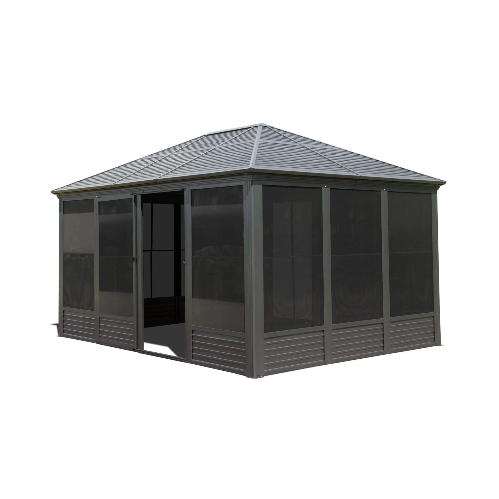 [11X14FT] Meridian Premium Four Season Outdoor Aluminum Hardtop Gazebo Sunroom With Galvanized Steel Roof, Sliding Doors And Movable PVC Screen Walls (SAK88776)