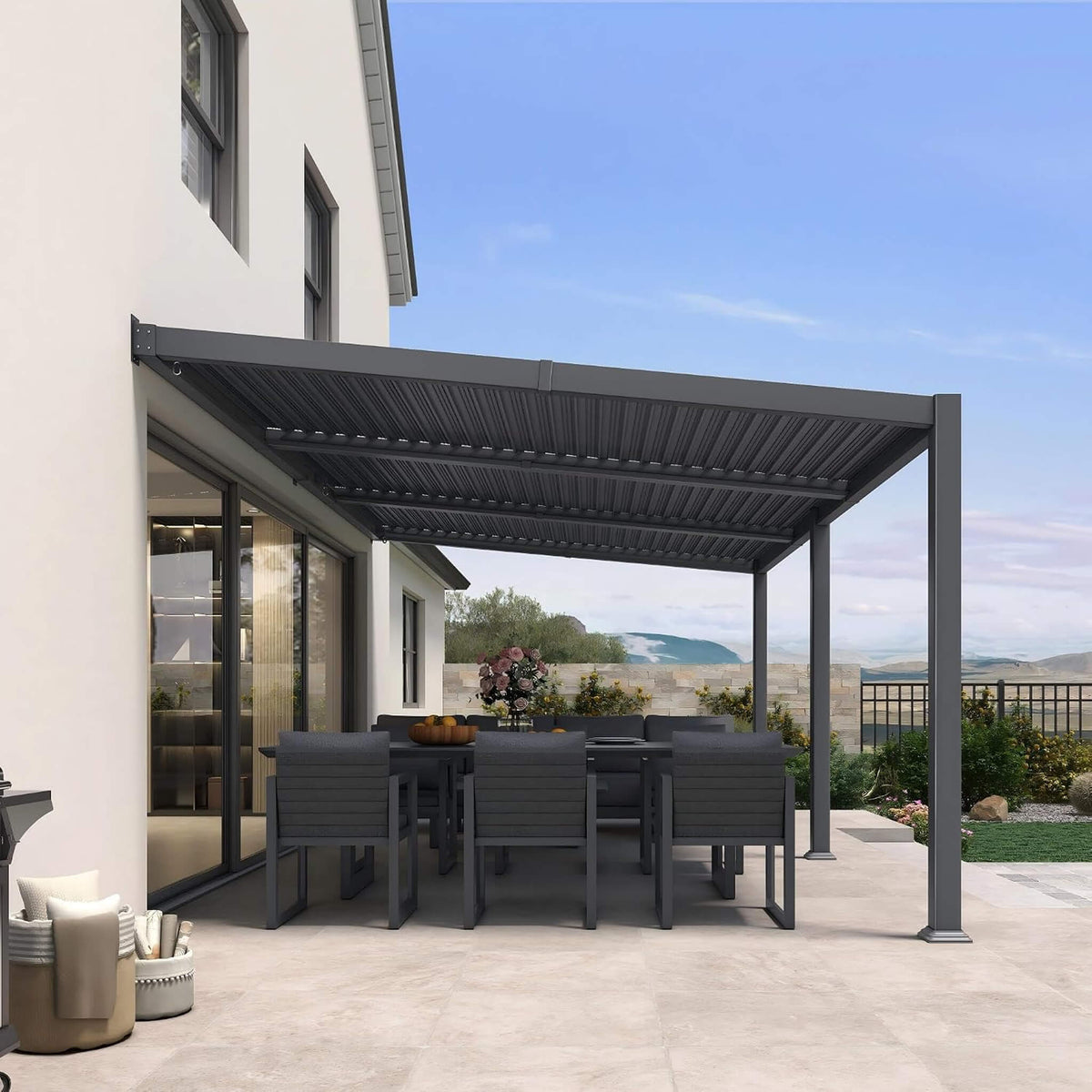 [11X18FT] Modern Wall-Mounted Louvered Pergola With Aluminum Frame (SAK69081)