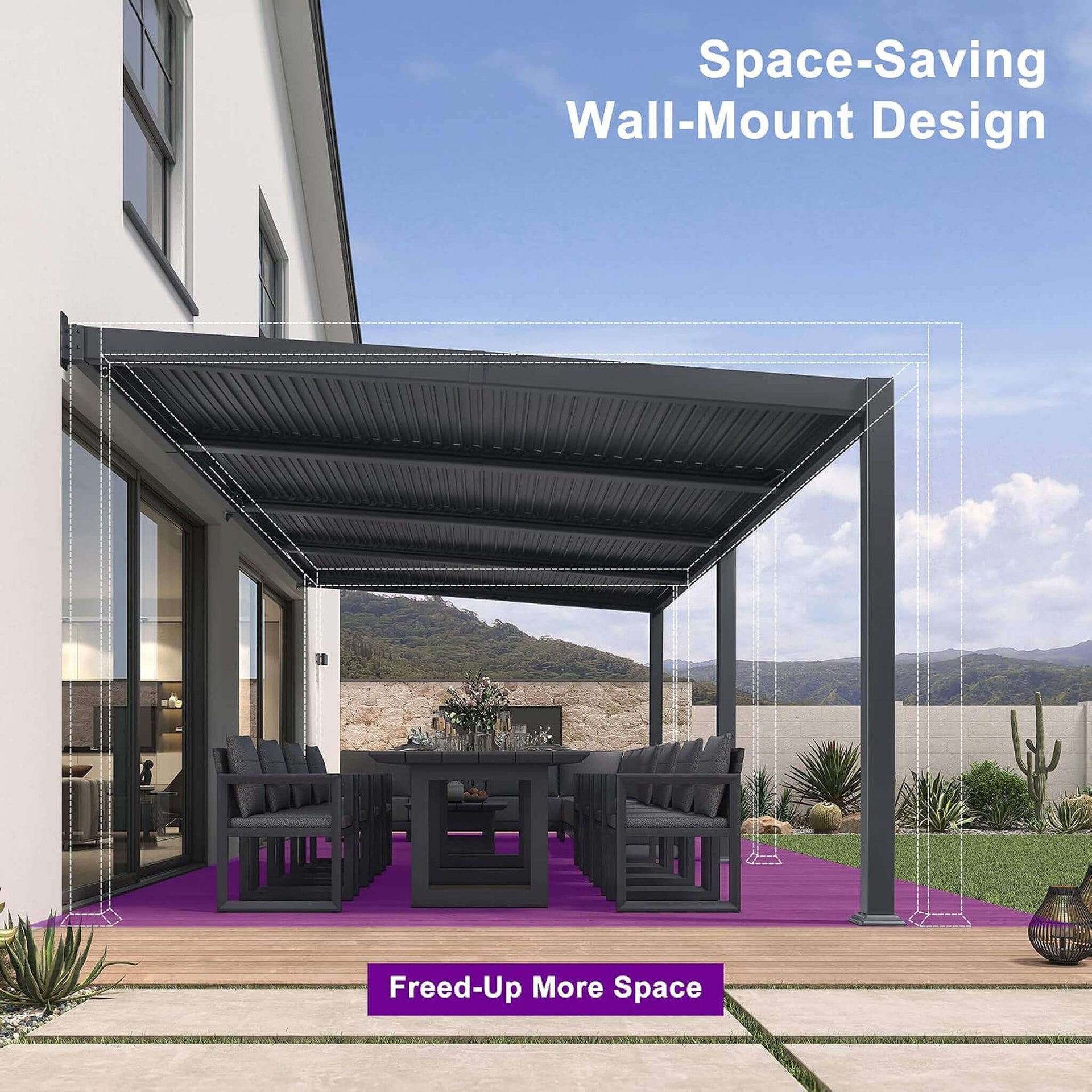 [11X18FT] Modern Wall-Mounted Louvered Pergola With Aluminum Frame (SAK69081)