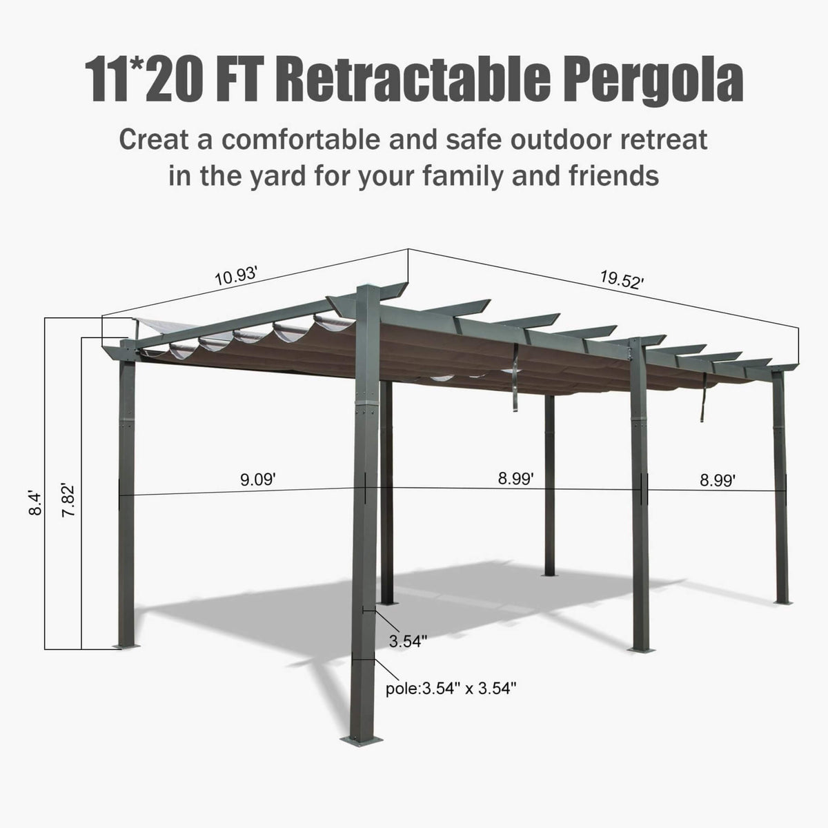 [11X20FT] Premium Outdoor Retractable Aluminum Pergola With Weather-Resistant Canopy (SAK54612)
