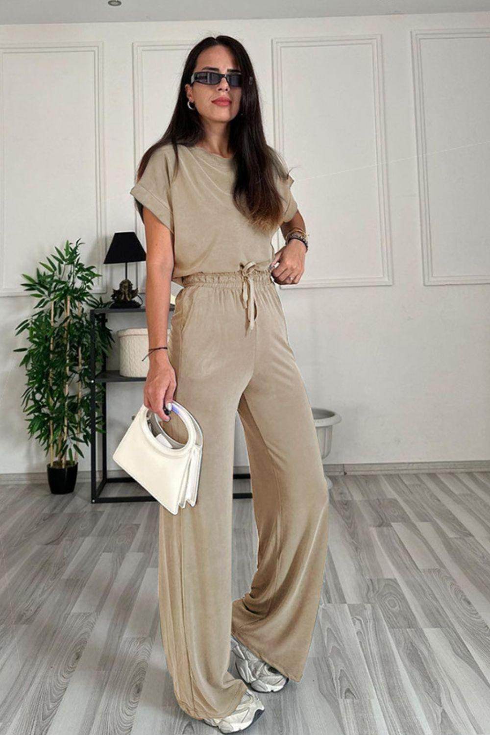 Round Neck Short Sleeve Top and Drawstring Pants Set for Women