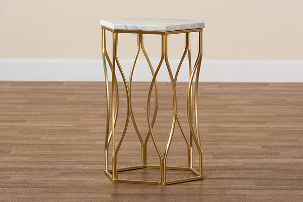 Baxton Studio Kalena Modern and Contemporary Gold Metal End Table with Marble Tabletop