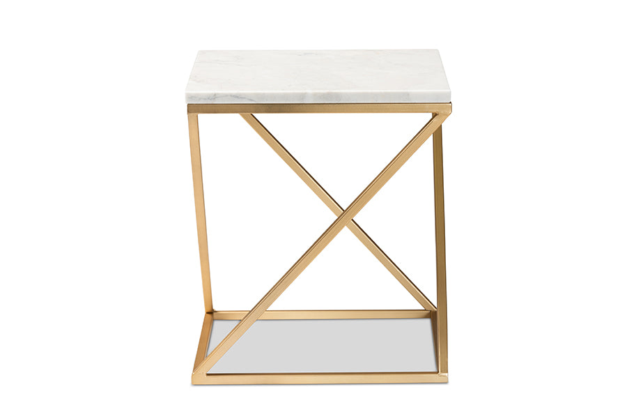Baxton Studio Hadley Modern and Contemporary Gold Finished Metal End Table with Marble Tabletop