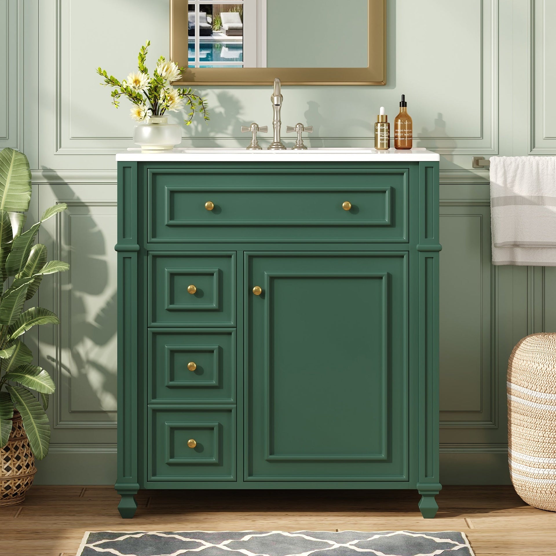 Bathroom Vanity with Ceramic Sink Basin, Cabinet with Soft-Close Doors and Organizer