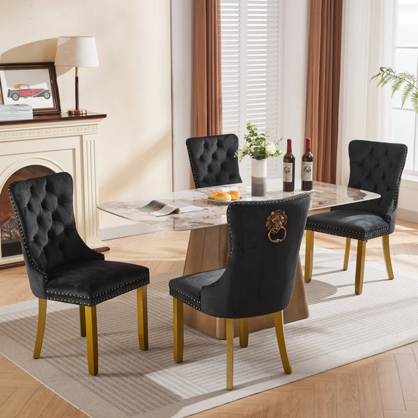 Mid-Century Modern Tufted Solid Wood Velvet Dining Chair with Lion Head Pull Ring