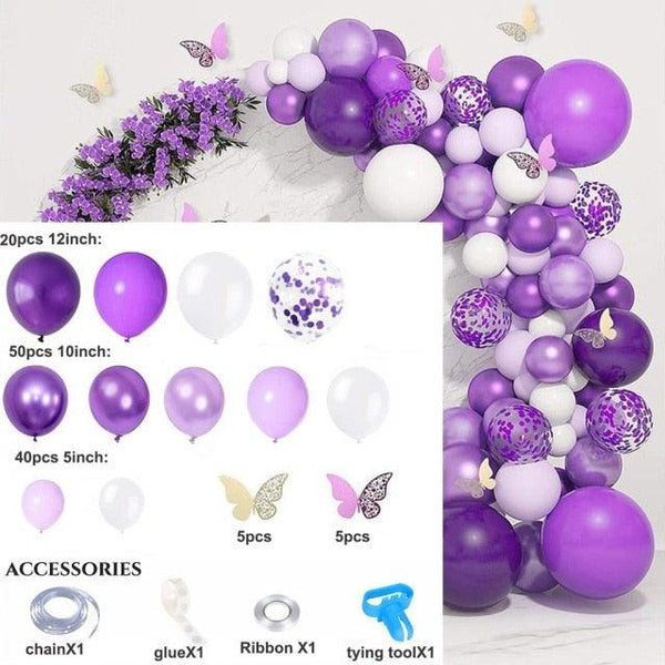 124 Pcs Garland Arch Kit White Purple Latex Metallic Balloons With Paper Butterfly For Women Birthday Baby Shower Wedding Party Decorations