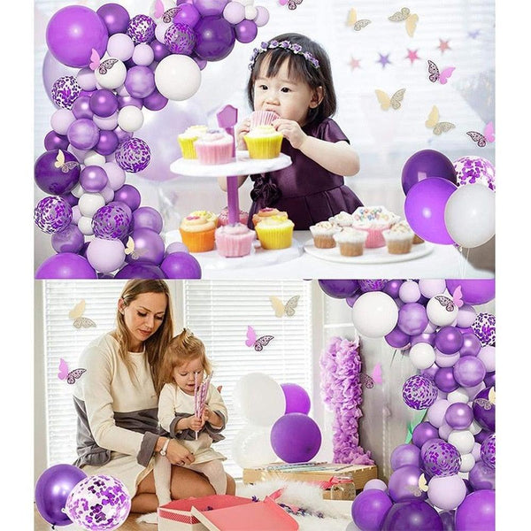 124 Pcs Garland Arch Kit White Purple Latex Metallic Balloons With Paper Butterfly For Women Birthday Baby Shower Wedding Party Decorations
