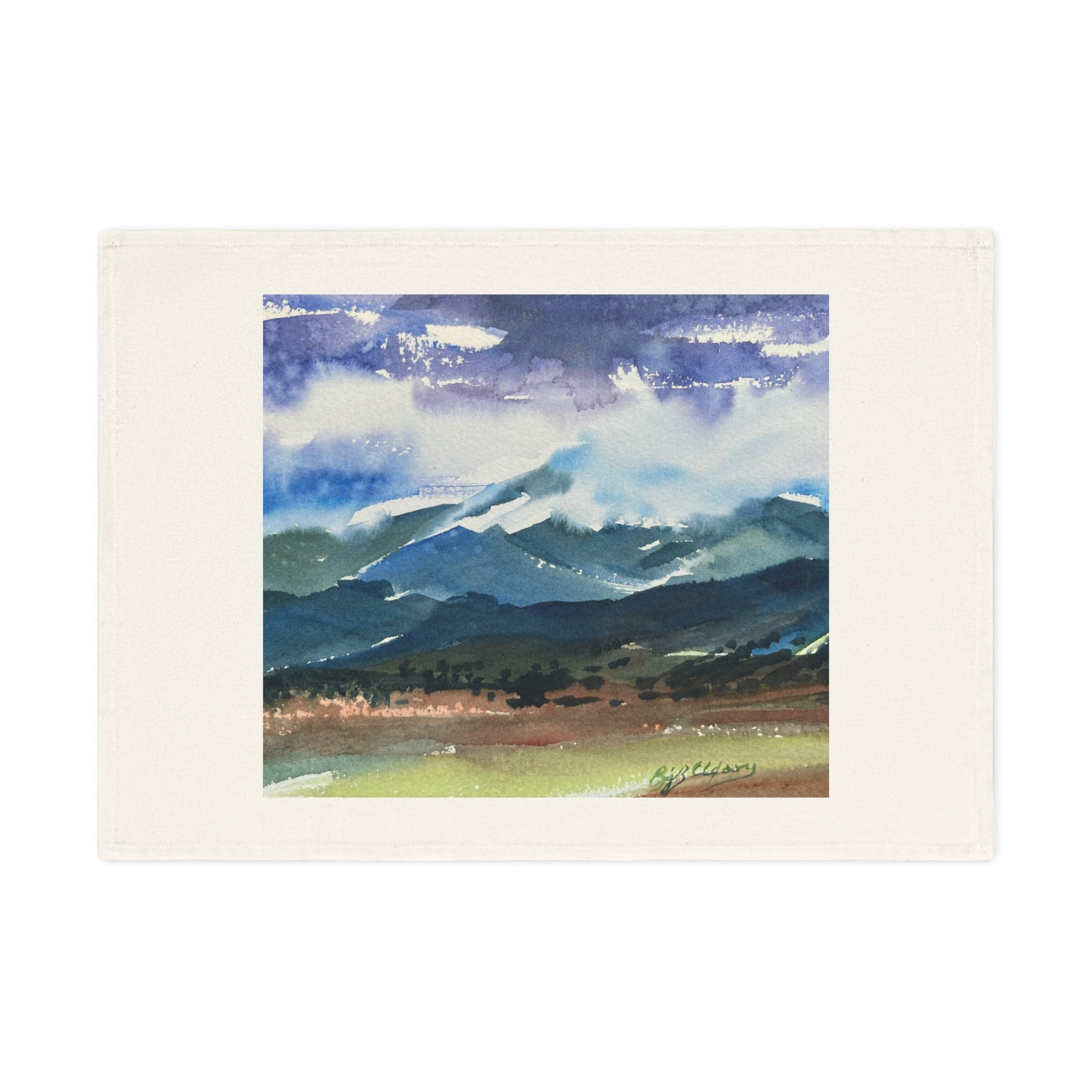 'Tranquil Mountain View 3' Cotton Tea Towel I Original Artwork by American Artist Barbara Cleary