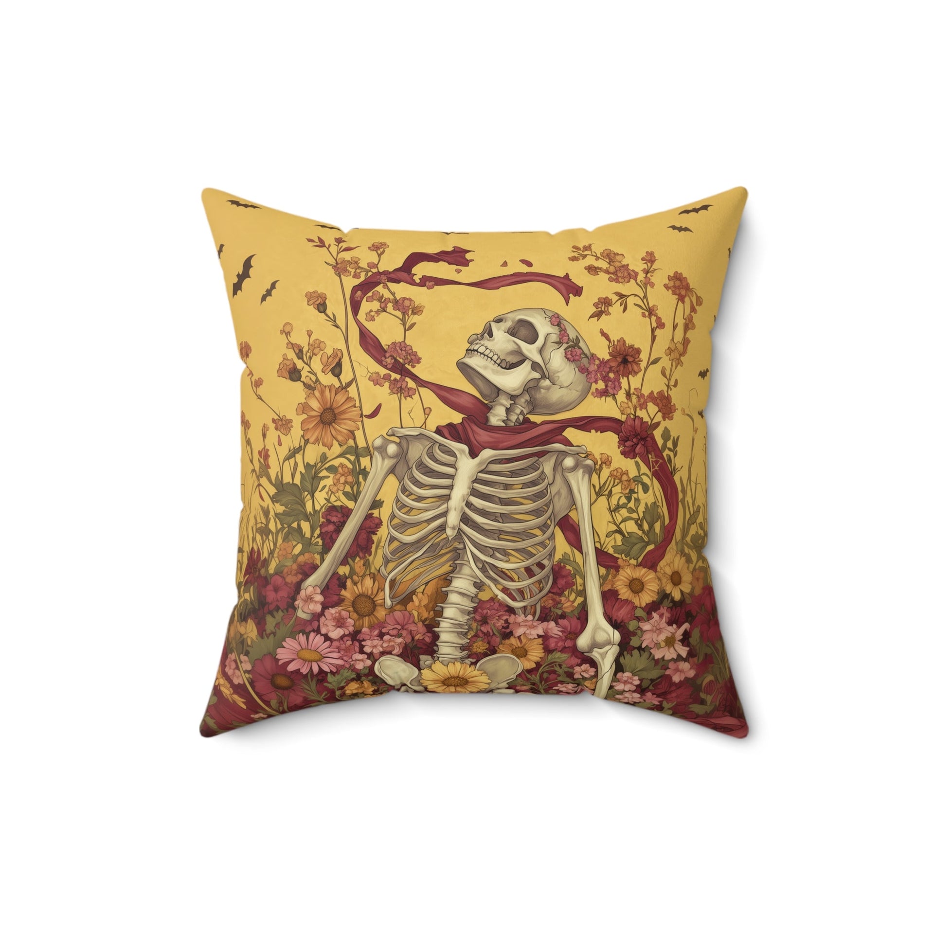 Microsuede Cushion / Halloween Art / Sunny Yellow Boho Skeleton