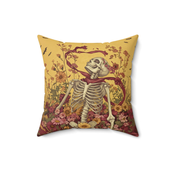 Microsuede Cushion / Halloween Art / Sunny Yellow Boho Skeleton