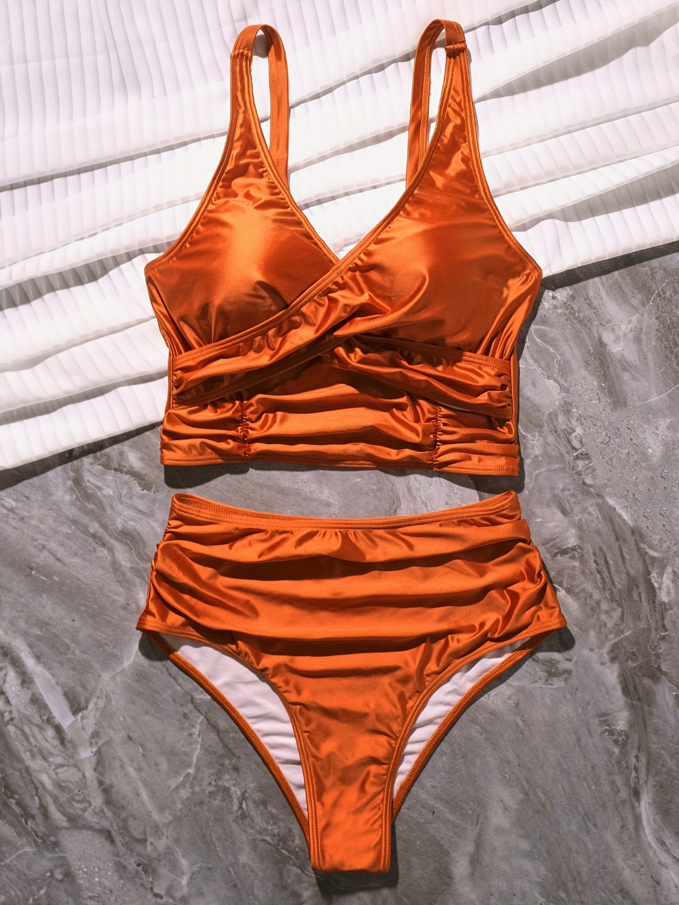 Bikini Solid Black Twist Front High Waist 2 Piece Swimsuit for Women – Stretchy V Neck Bikini Set with Ruched Tummy Control and Cross Strape Detail – Quick Drying Polyamide Swimwear for Beachwear Poolside and Summer Travel