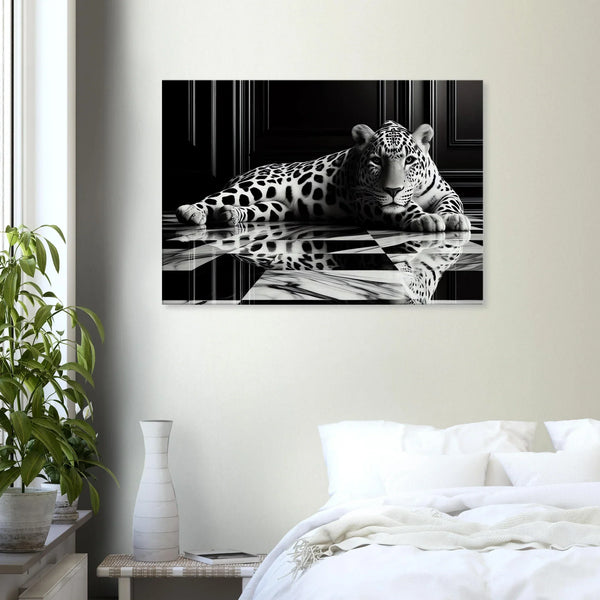 Leopard Canvas Art Print – Striking Design on Black & White Checkered Marble Floor