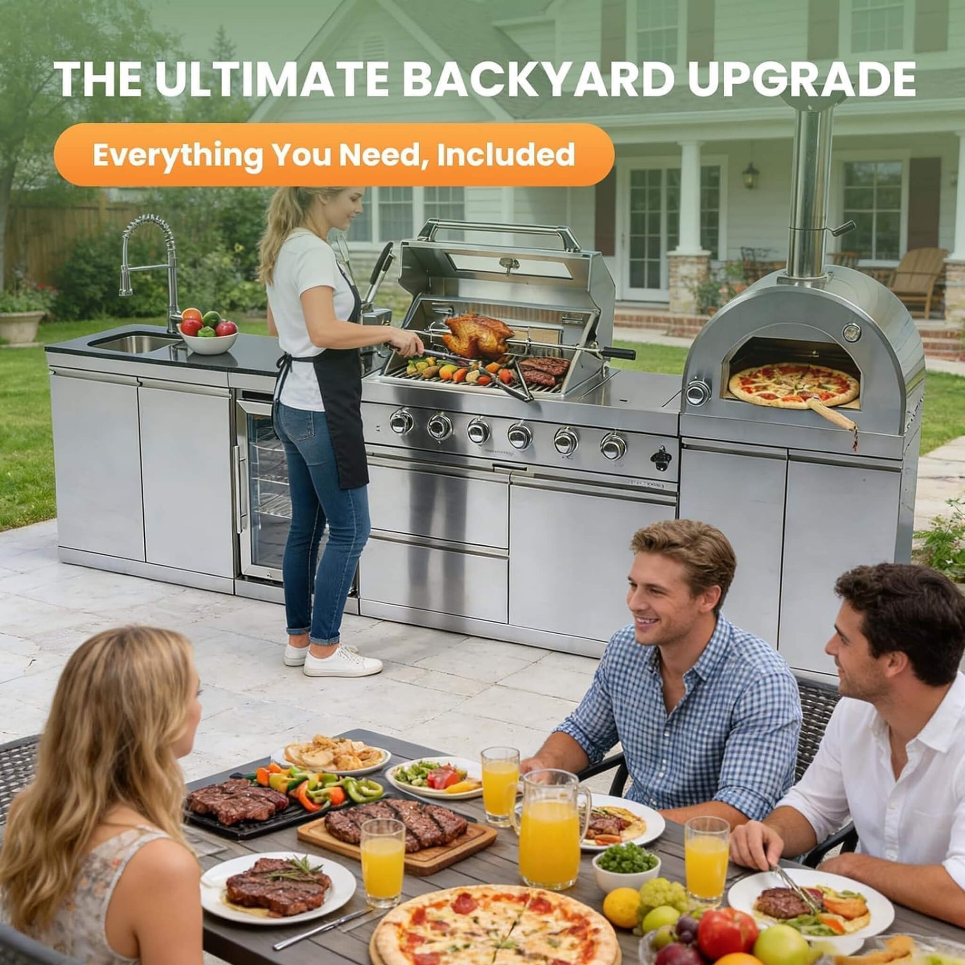 125-Inch 4-Burner 108K BTU Outdoor Kitchen Island With Pizza Oven, Rotisserie & Refrigerator (SAK55768)