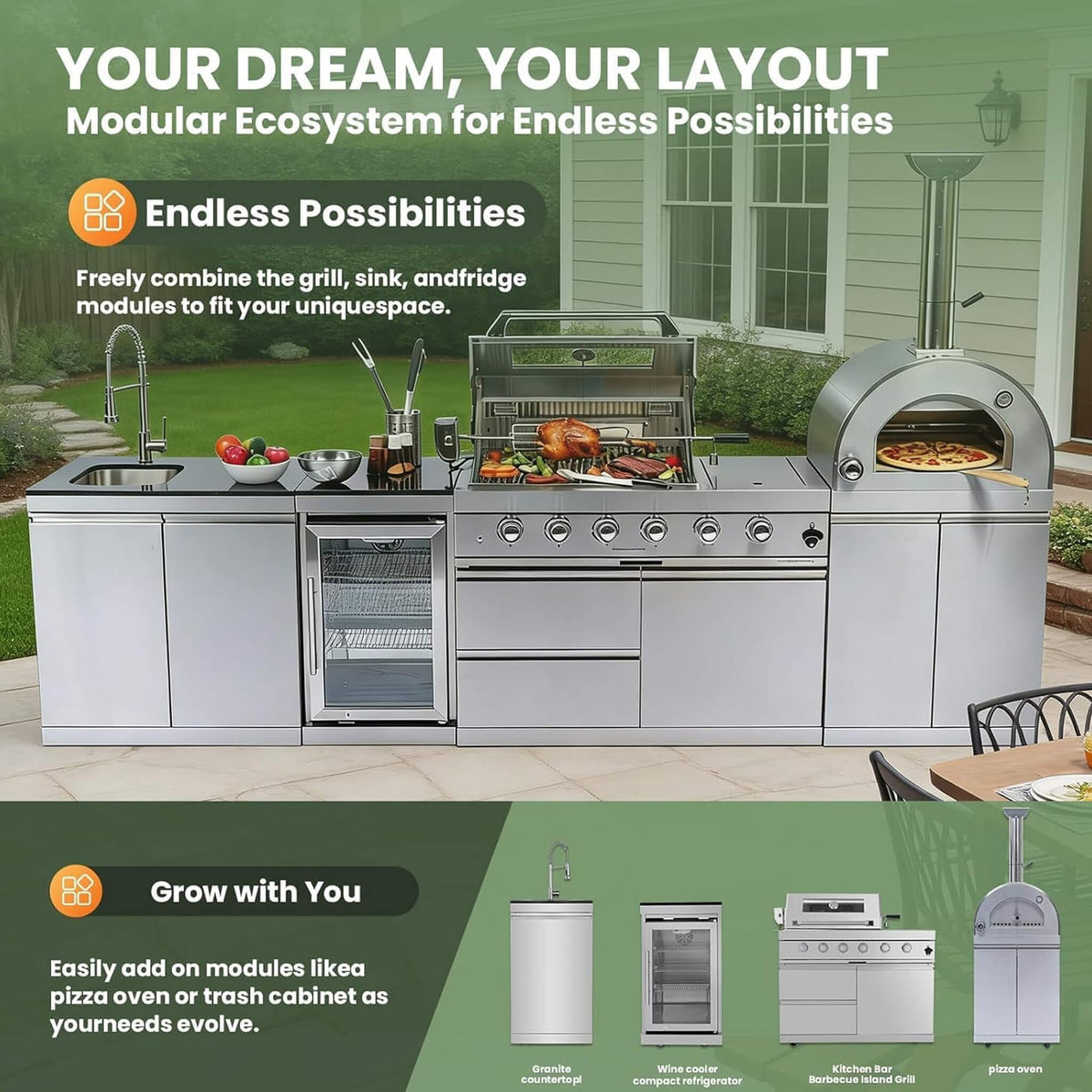 125-Inch 4-Burner 108K BTU Outdoor Kitchen Island With Pizza Oven, Rotisserie & Refrigerator (SAK55768)