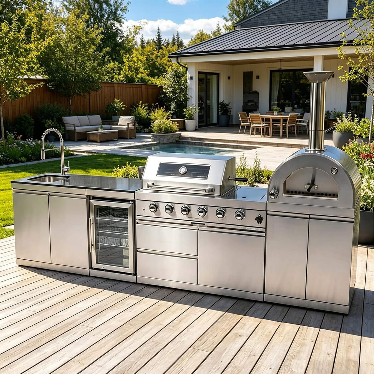 125-Inch 4-Burner 108K BTU Outdoor Kitchen Island With Pizza Oven, Rotisserie & Refrigerator (SAK55768)