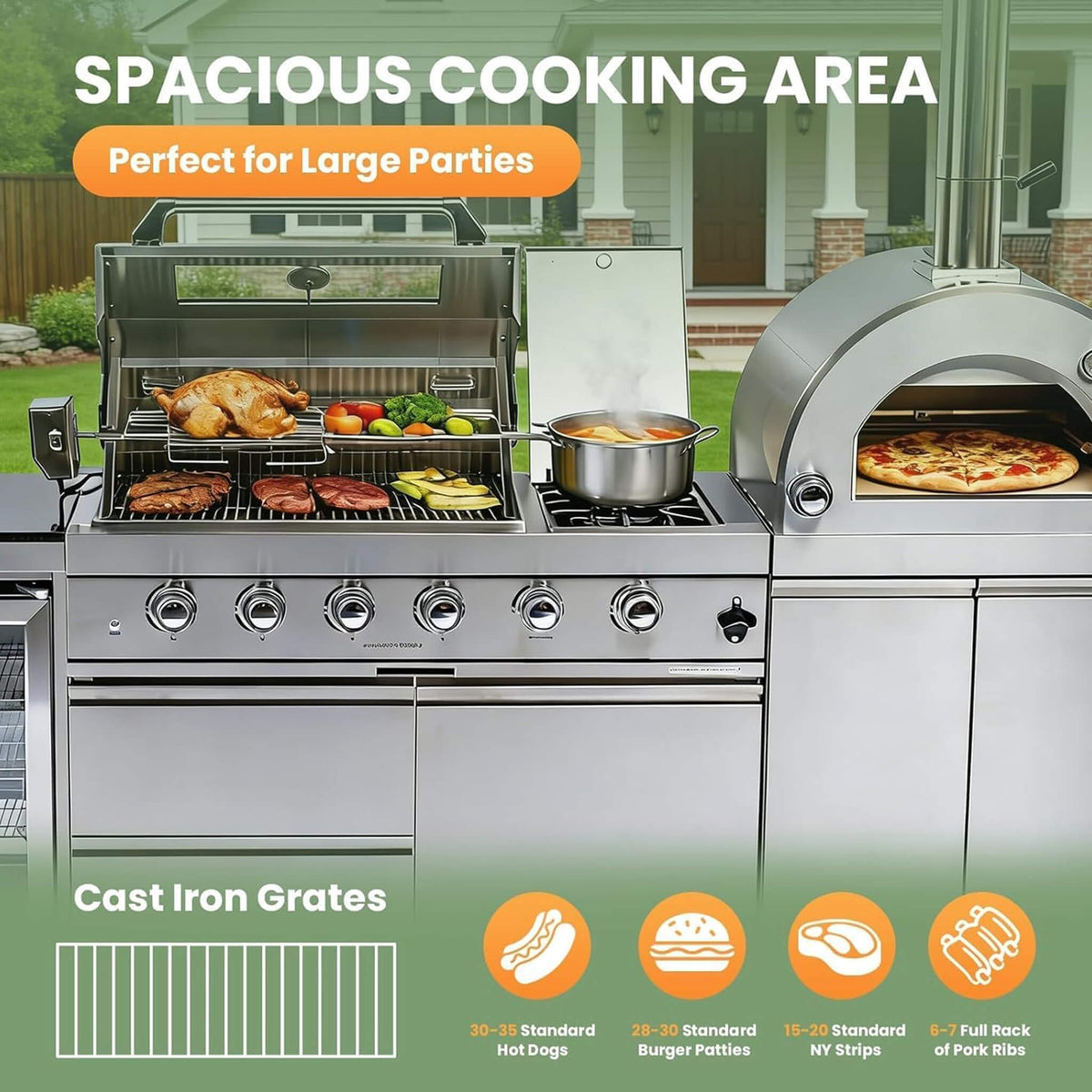 125-Inch 4-Burner 108K BTU Outdoor Kitchen Island With Pizza Oven, Rotisserie & Refrigerator (SAK55768)