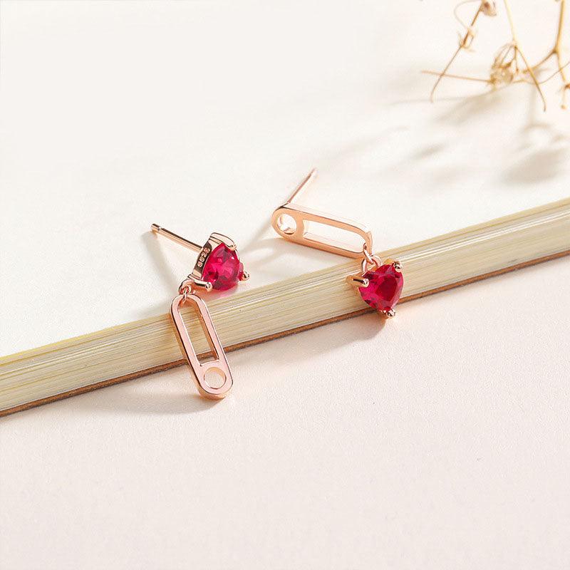 925 Sterling Silver Heart Red Zircon Stud Earrings Ladies and Girls Gift