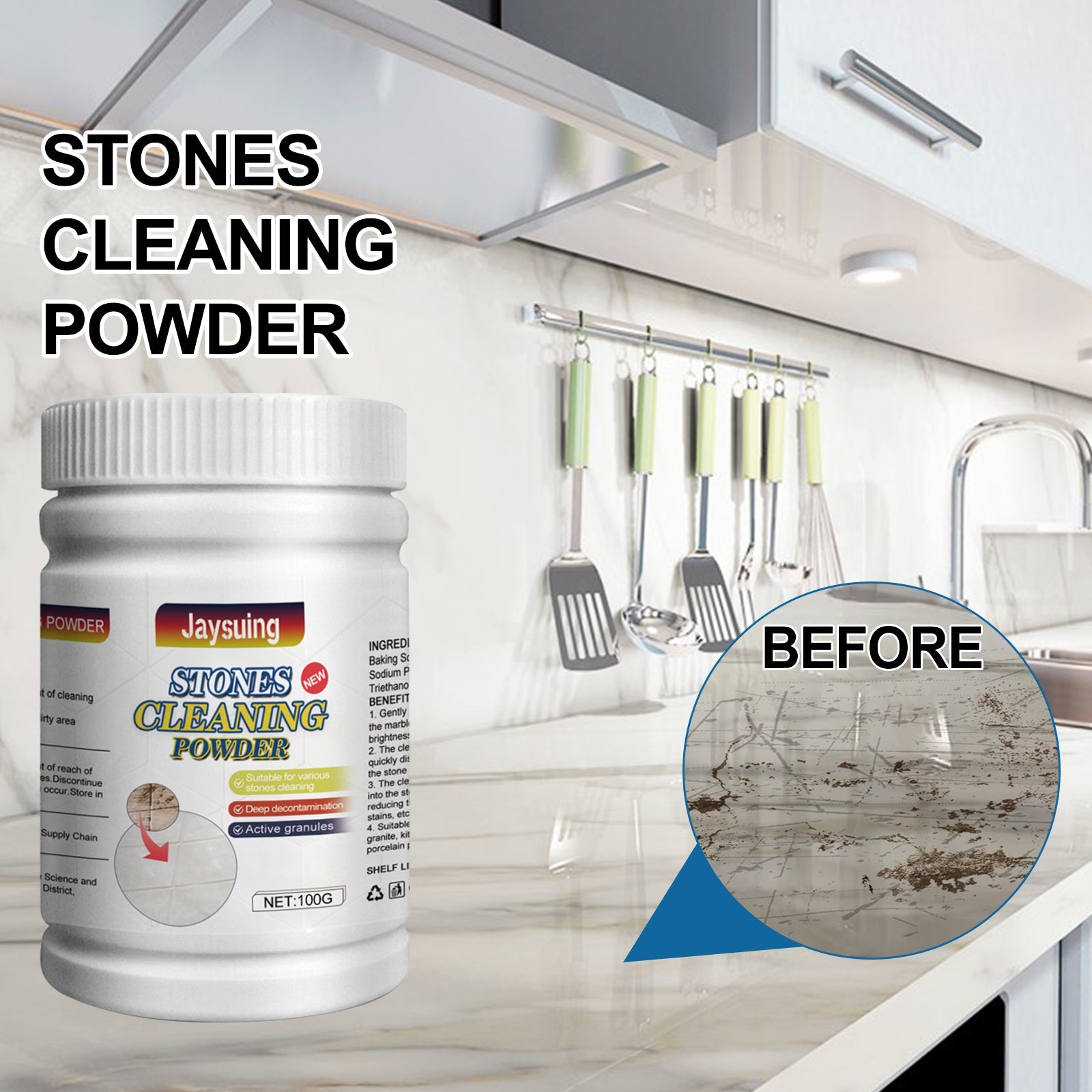 Stone Cleaning Powder, Household Kitchen Countertop Marble Tile Stain Cleaning Decontaminating Polishing Powder