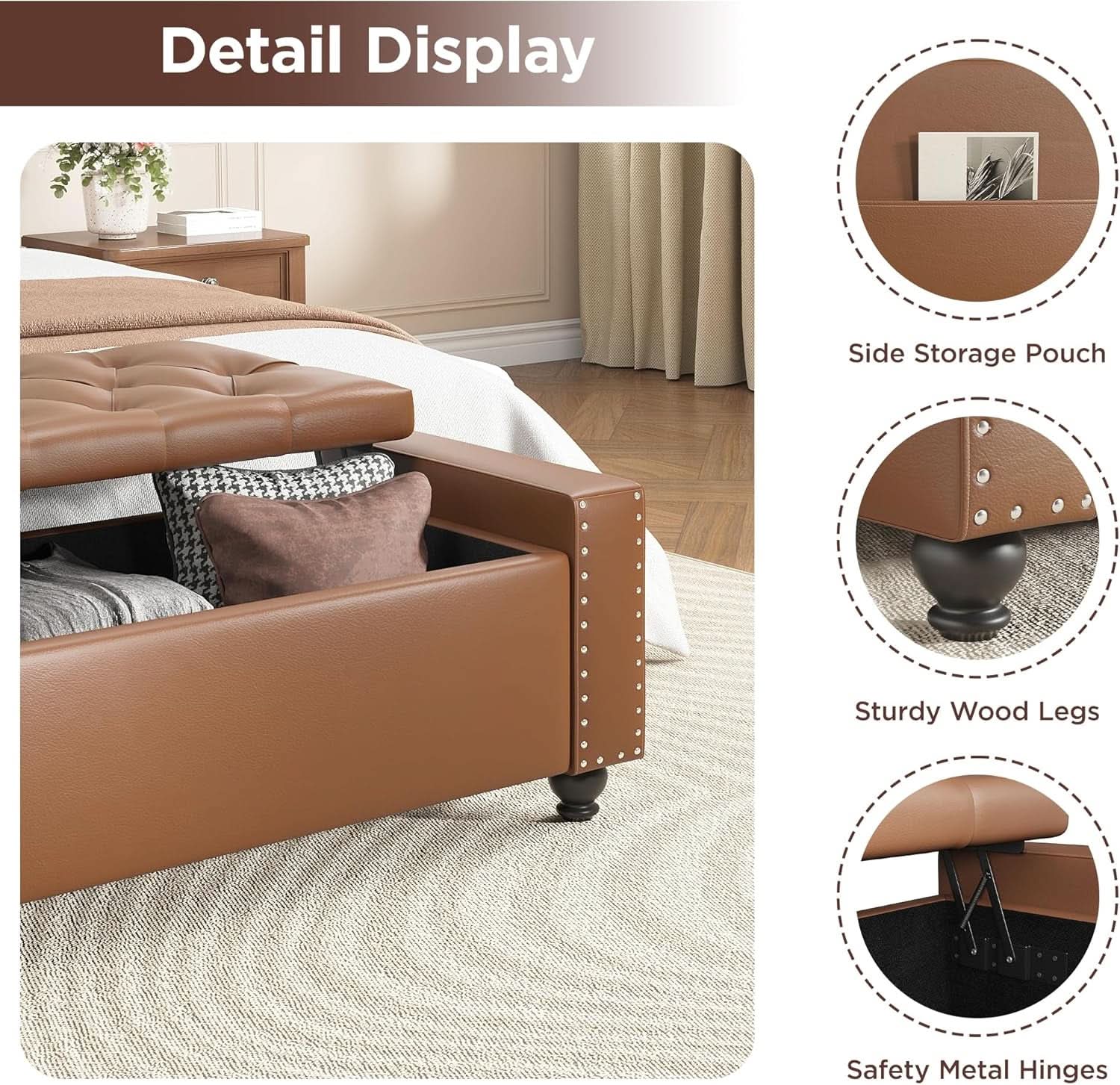 49 Inch Upholstered Storage Ottoman Bench Espresso Brown