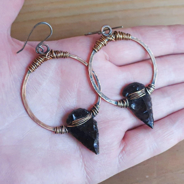 Obsidian Arrowhead Hoop Earrings – Boho | Handmade by Blackbird & Sage