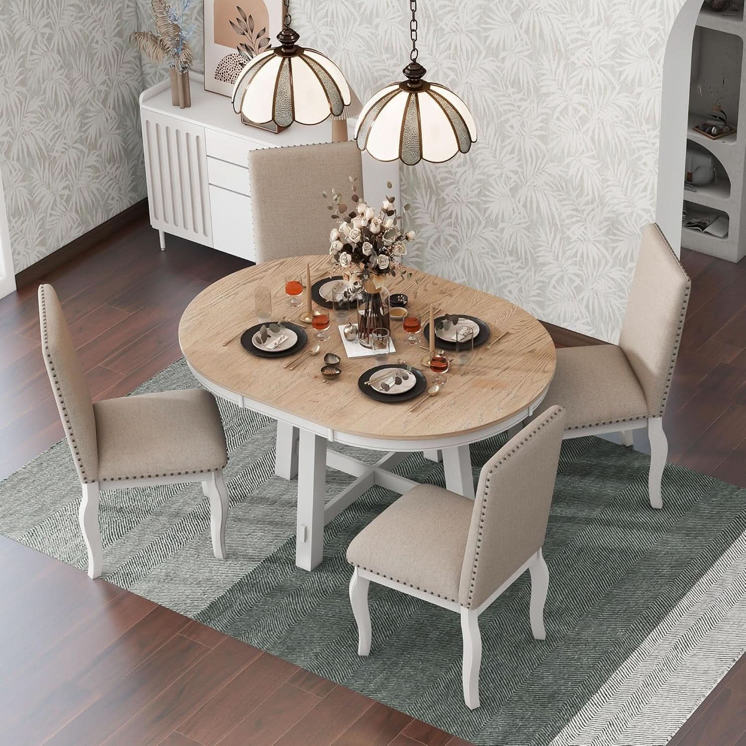 Farmhouse Round Extendable Dining Table Set Oak Finish with Upholstered Chairs