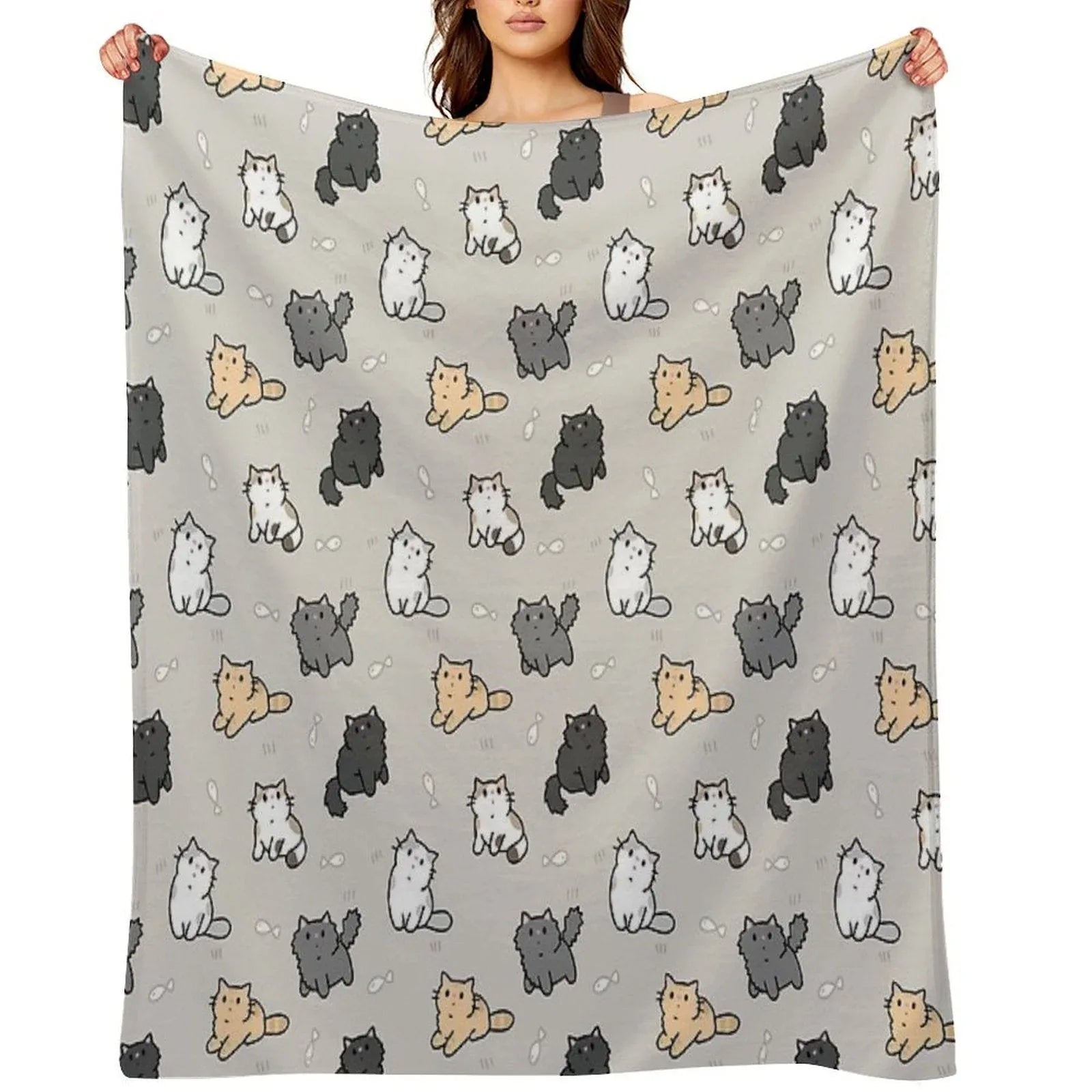 Kittens And Fish Pattern Throw Blanket