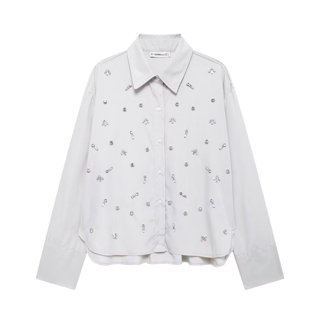 Autumn Artificial Jewelry Decoration Poplin Shirt Casual Shorts Women Suit