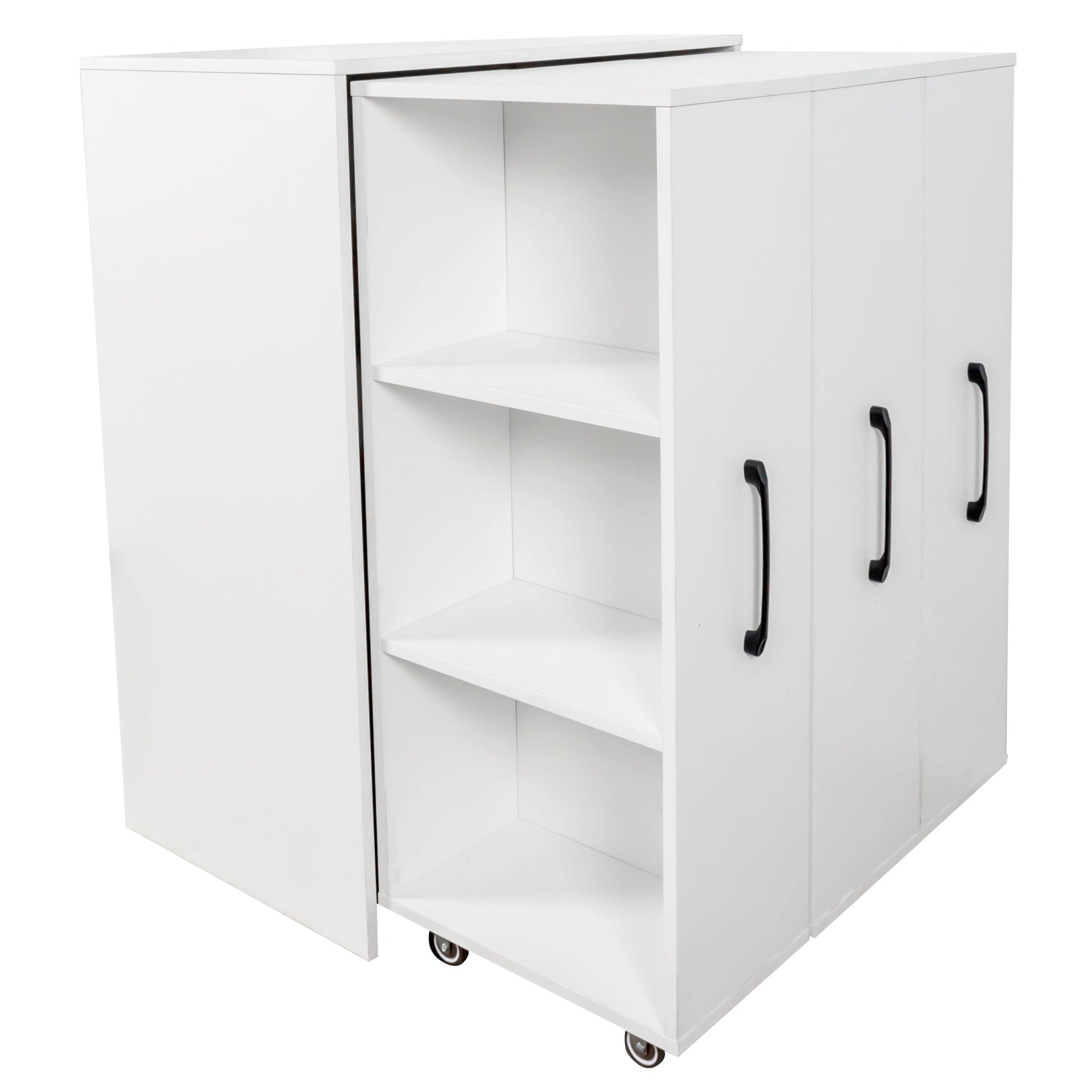 Bookcase with Three Pulled Out Doors Shelving Cabinet,3 Tier Floor Standing Bookcase,Slide Out Storage Bookcase file cabinet,Office Bedroom Living Room Hidden Storage Cabinet with Wheels