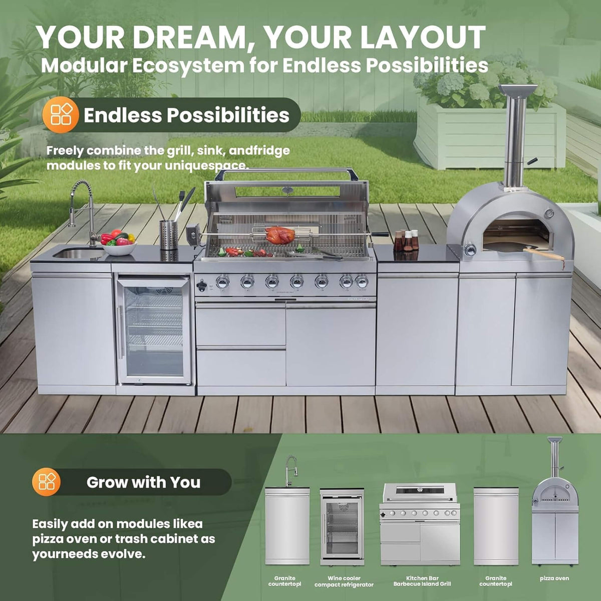 128-Inch 6-Burner 120K BTU Outdoor Kitchen Island With Pizza Oven, Rotisserie & Refrigerator (SAK75770)