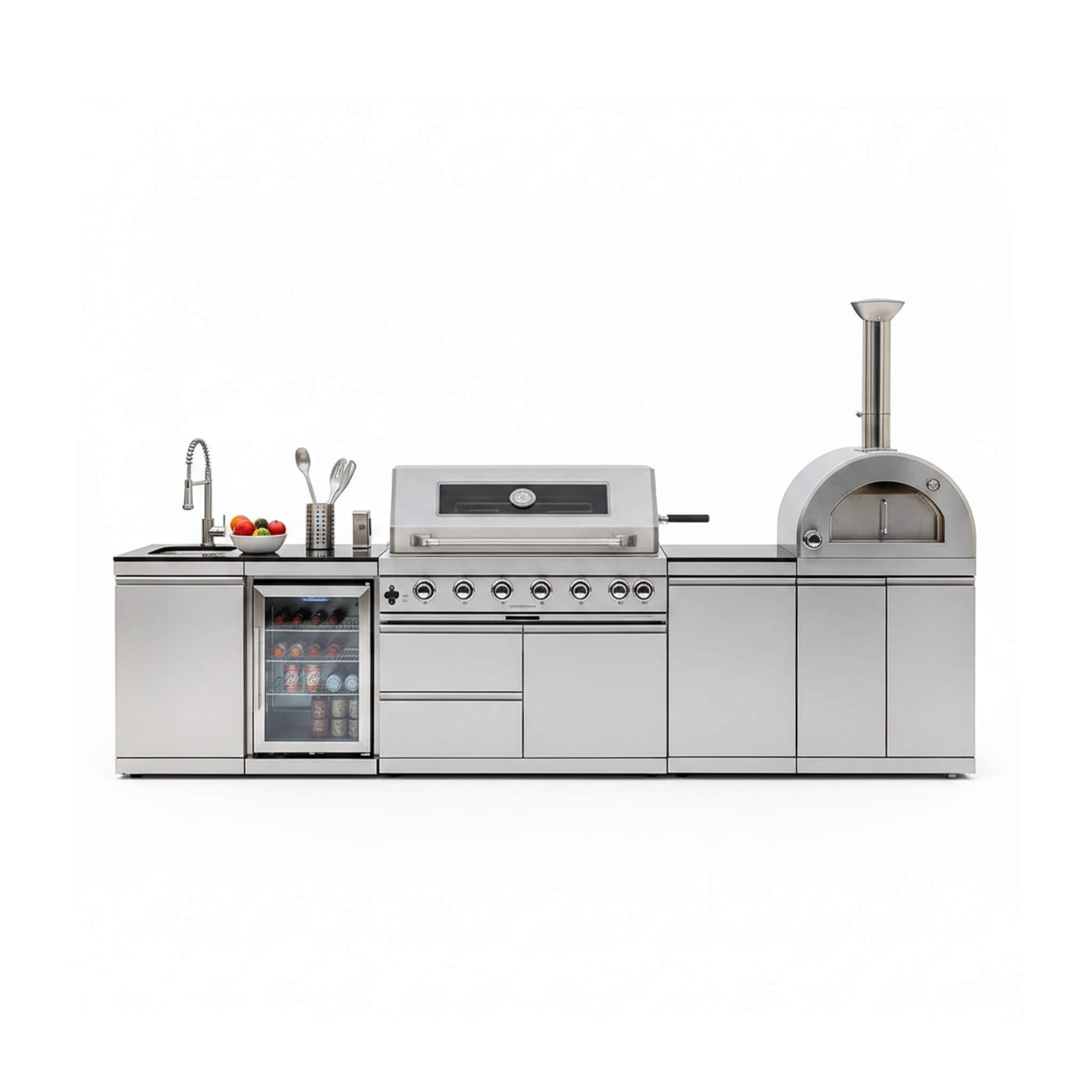 128-Inch 6-Burner 120K BTU Outdoor Kitchen Island With Pizza Oven, Rotisserie & Refrigerator (SAK75770)