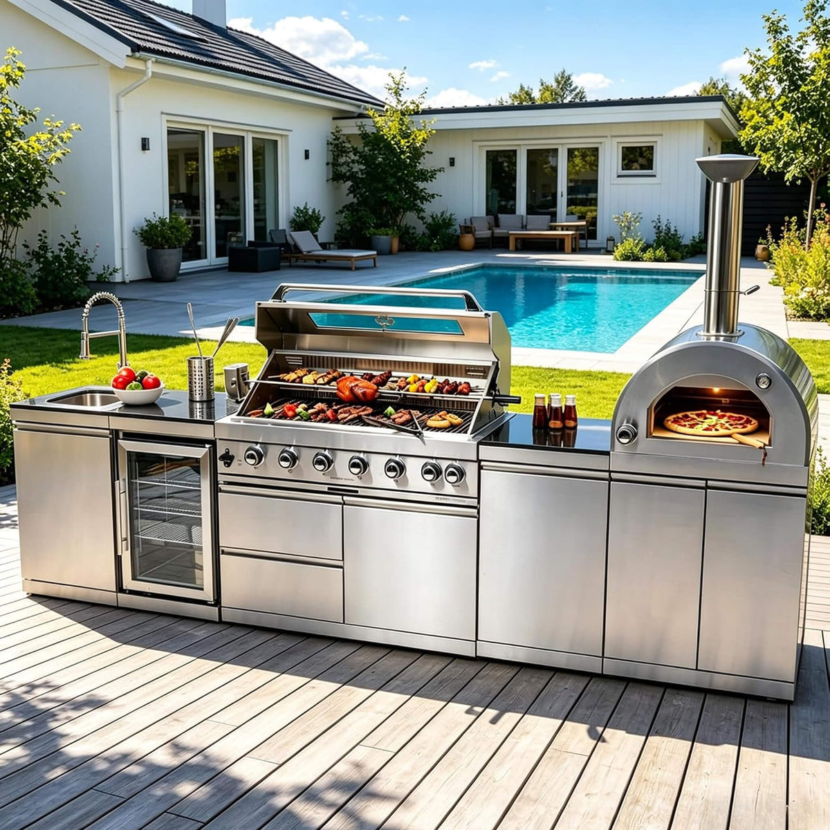 128-Inch 6-Burner 120K BTU Outdoor Kitchen Island With Pizza Oven, Rotisserie & Refrigerator (SAK75770)