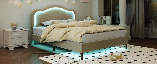 Full Size Velvet Upholstered Smart LED Bed Frame with Adjustable Height Headboard,No Box Spring Needed,Easy Assembly,Beige