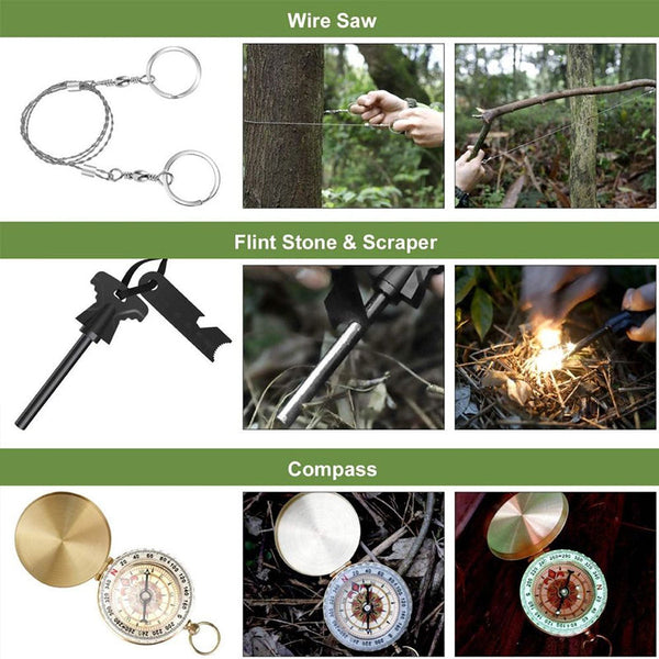 Military-grade outdoor travel survival kit with mini camping tools, emergency bracelet, whistle, blanket and knife.