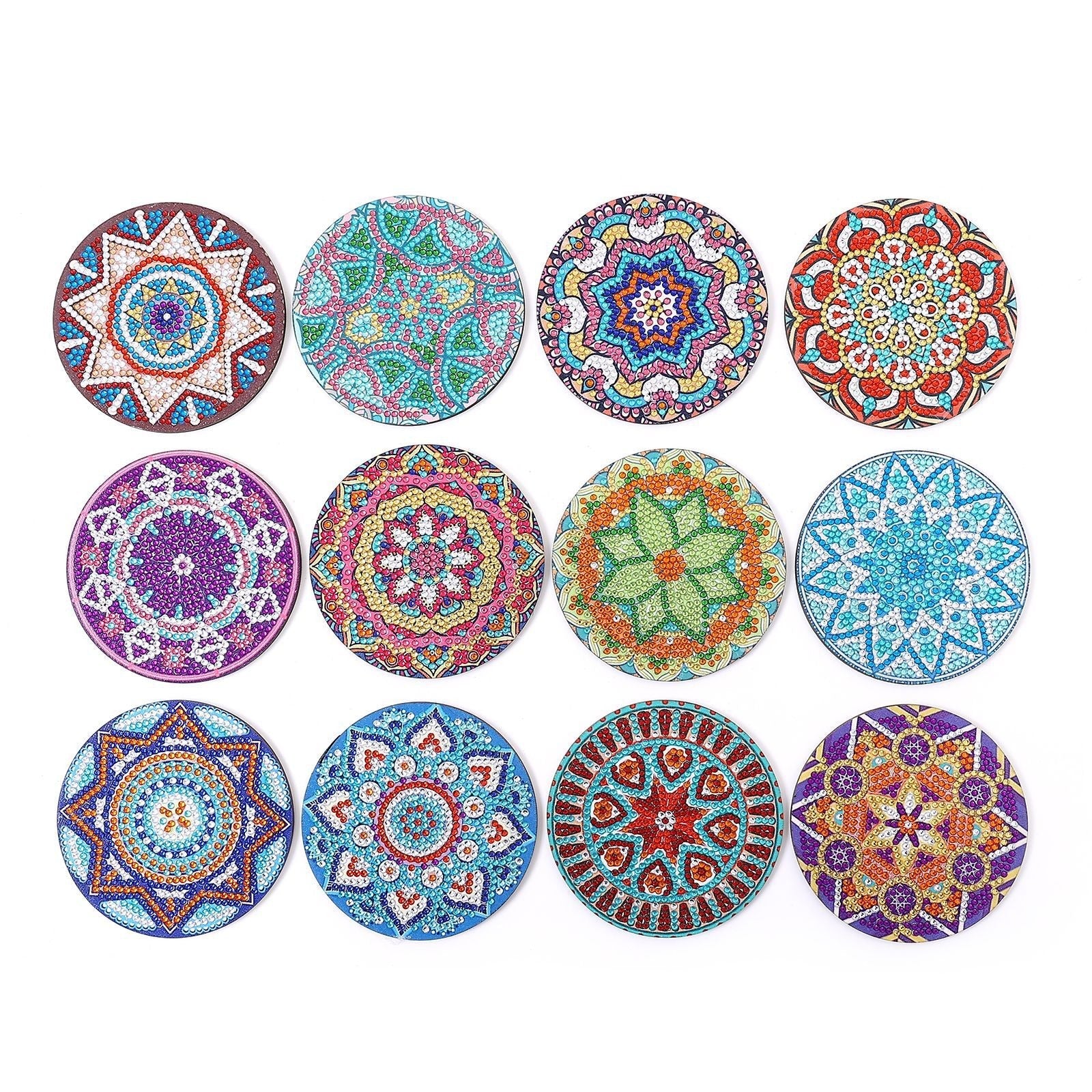 New DIY Diamond Painted Coaster Mat Set of 12 with Datura Pattern (Free Storage Shelf)
