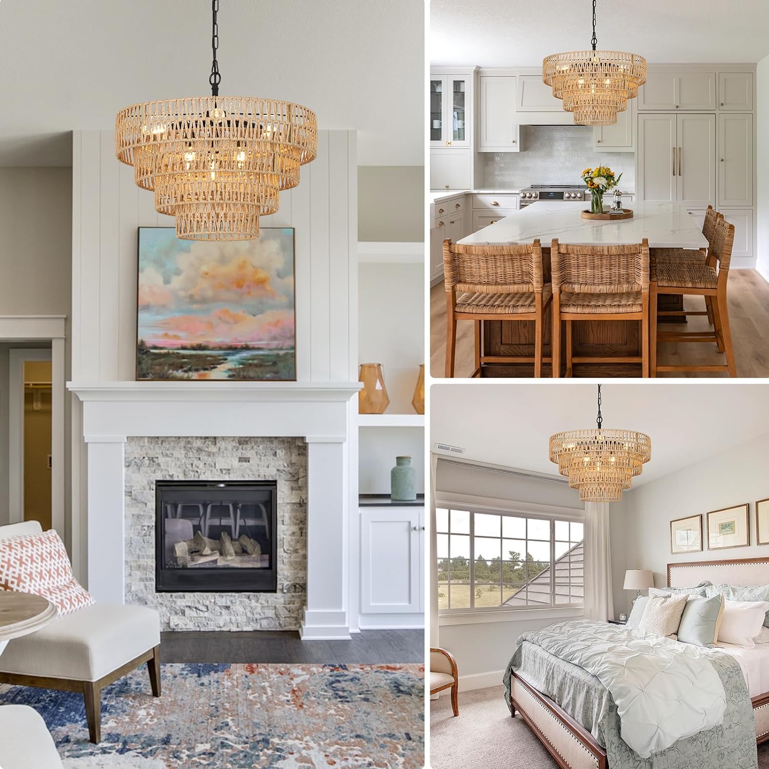 6-Light Dining Room Light Fixture, Wicker Pendant Lighting with 4-Tier Woven Lampshade, Large Farmhouse Chandeliers (20