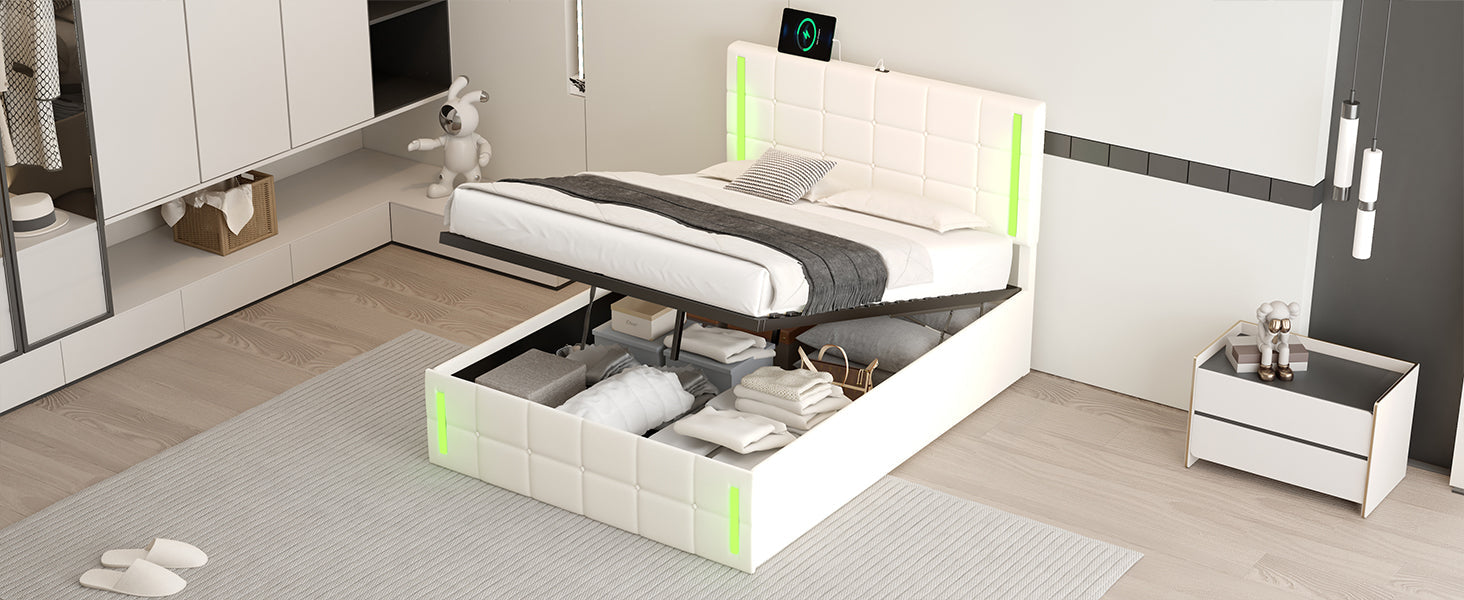 Full Size Upholstered Bed with LED Lights,Hydraulic Storage System and USB Charging Station,White V.I.P Digital Presence