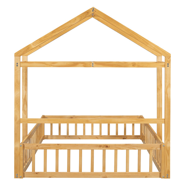 Wooden Full Size Children's Bed with Detachable Headboard and Integrated Clothes Drying Rack, Natural