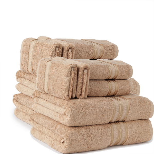 Stack of beige towels on a white background