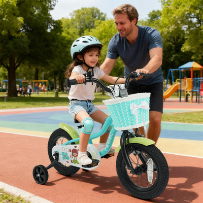 12/14/16 Inch Kids Bike with Training Wheels and Basket Green Color-12