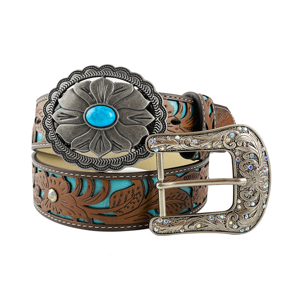 TOPACC Western Turquoise Belts - Turquoise Flower Belt Buckle Copper/Bronze