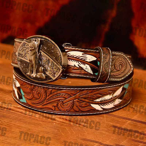 Waist 42-46 inch Western Leather Feather Belt - Block Buckle