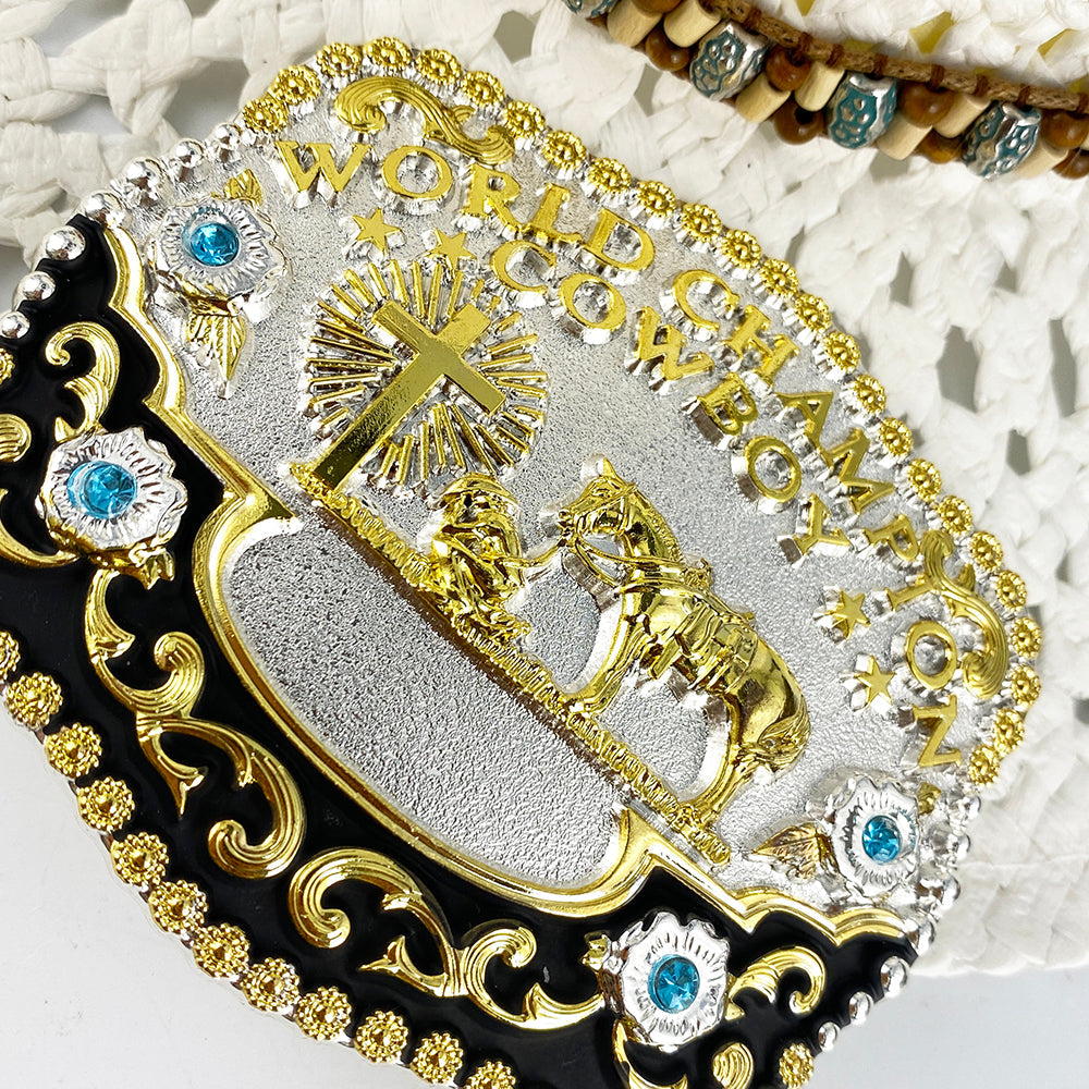 TOPACC 3D Rectangle Western Cowboy Horse Prayer Cross 'world champion cowboy'Belt Buckle