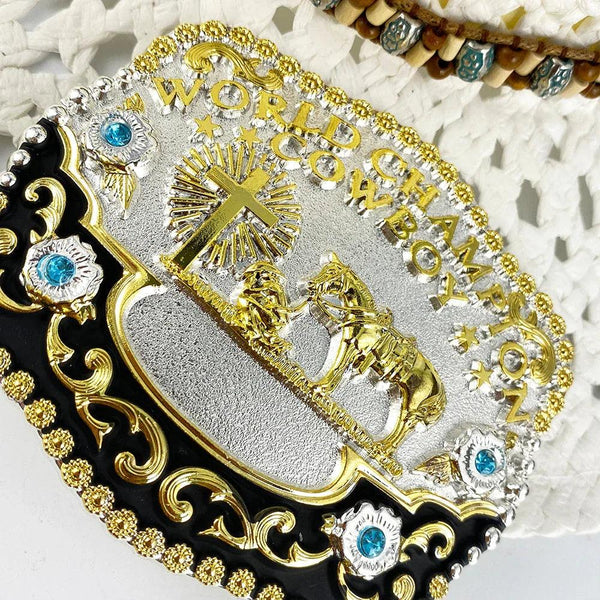 TOPACC 3D Rectangle Western Cowboy Horse Prayer Cross 'world champion cowboy'Belt Buckle - Gifts for You 'n Me