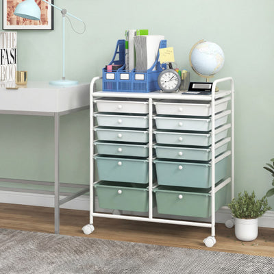 12-Drawer Rolling Storage Cart with Removable Drawers and Lockable Wheels-Green Gradient