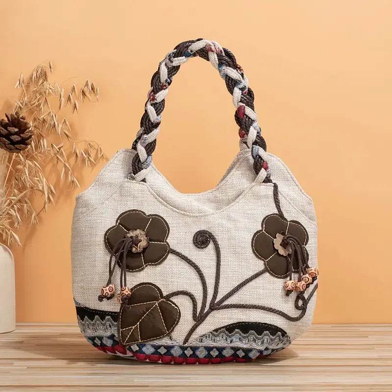 Handmade Bohemian Flower Tote Bag with Foldable Zipper, Shoulder Strap, and Matching Wristlet for Women’s Vacation