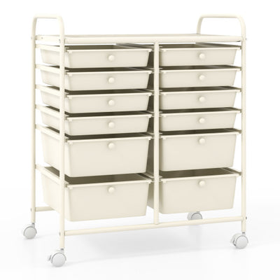12-Drawer Rolling Storage Cart with Removable Drawers and Lockable Wheels-Beige