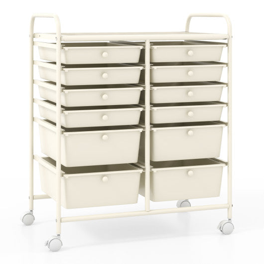 12-Drawer Rolling Storage Cart with Removable Drawers and Lockable Wheels-Beige