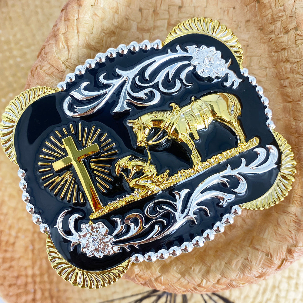 TOPACC 3D Rectangle Western Cowboy Horse Prayer Cross Belt Buckle Black Gold/Bronze