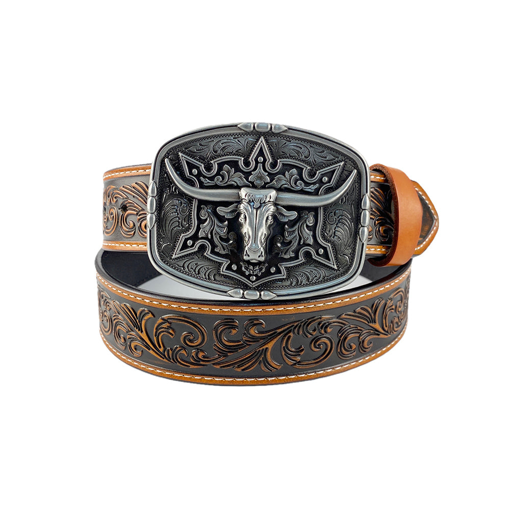 TOPACC Western Genuine Leather Pattern Tooled Belt-Pattern Longhorn Cow Belt Buckle Copper/Bronze
